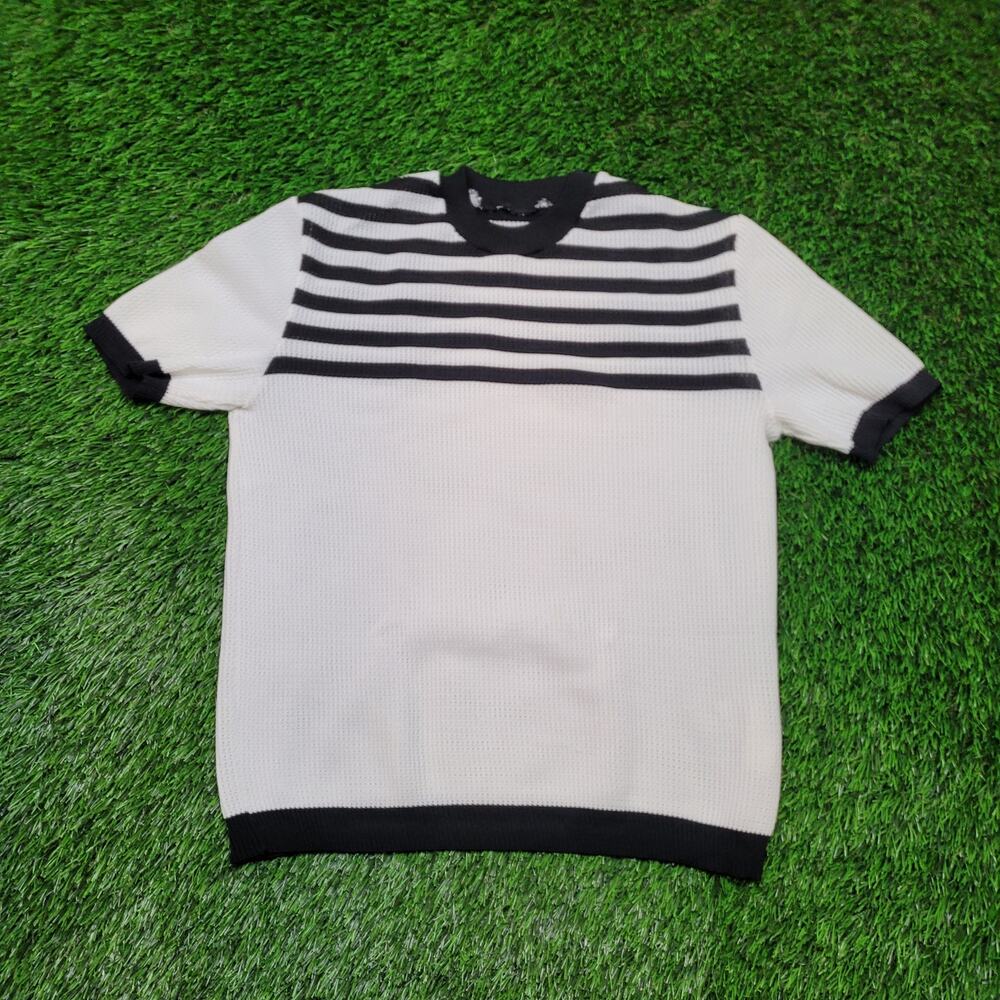 VTG 80s MOD Striped Preppy Waffle Knit Shirt Tee Womens L Striped Ringer